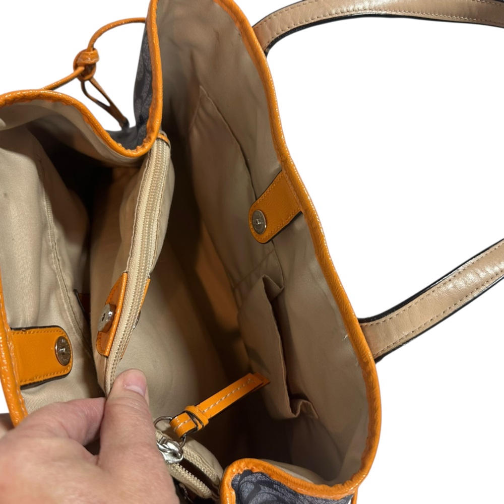 COACH Signature Coated Canvas Drawstring Carryall Bag Denim Blue & Orange Detail - Picture 5 of 14